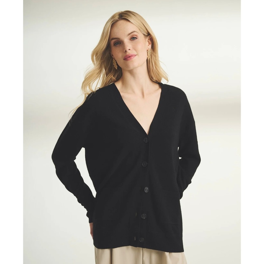 B41 Naadam Cashmere Drop Shoulder V-Neck Cardigan M Black Button Front Relaxed